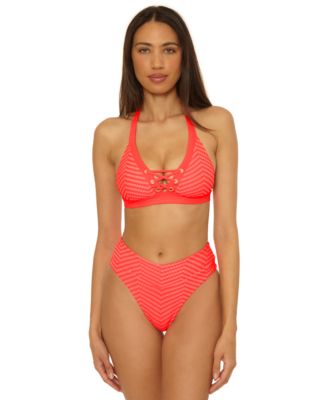 Becca Womens Connect Corset Lace Up Bikini Top High Waist Bottoms In Orange