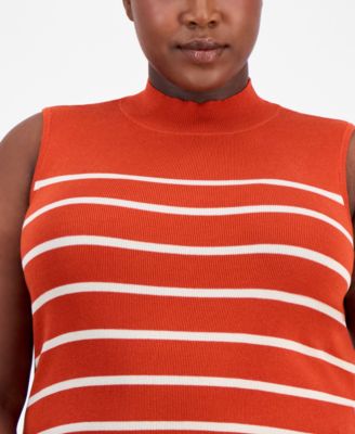 Plus Size Striped Mock-Neck Sleeveless Sweater