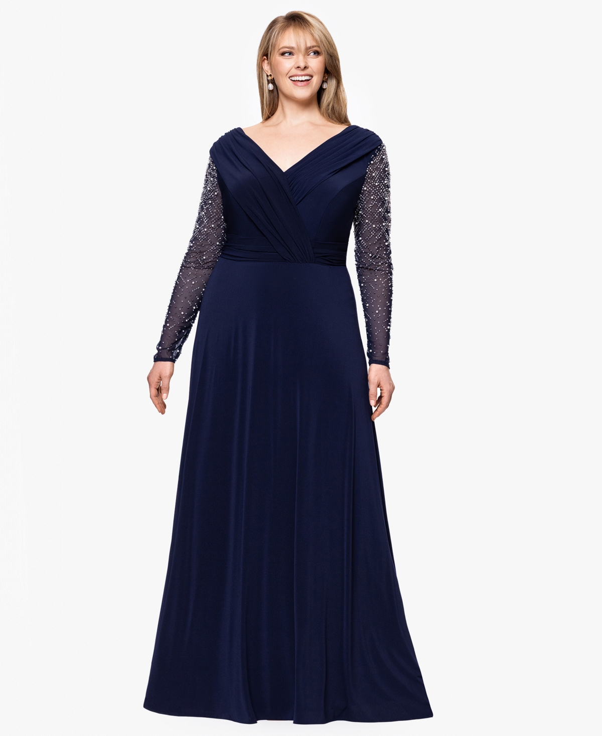 Plus Size V-Neck Beaded Long A-Line Dress - Navy, Silver