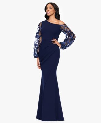 Petites Scuba Crepe Asymmetrical-Neck Long Dress
