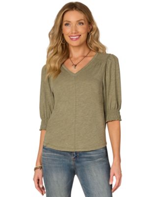 Democracy - Petite Smocking-Trim Blouson-Sleeve Top