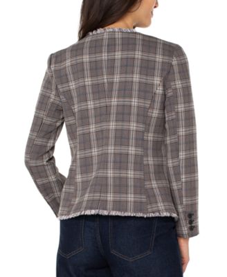 Petite Frayed-Trim Plaid Blazer