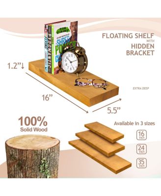 2 Pack 16" Solid Wood Floating Shelves - for Bathroom Decor, Books, Bedroom & Living Room