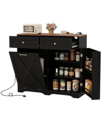 Tilt Out Trash Can Cabinet with Outlets and Adjustable Shelf
