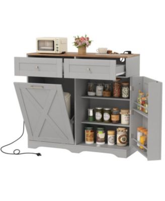 Tilt Out Trash Can Cabinet with Outlets and Adjustable Shelf