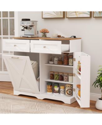 Tilt Out Trash Can Cabinet with Outlets and Adjustable Shelf
