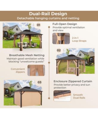 12 x 12 Feet Double-Roof Patio Hardtop Gazebo with Galvanized Steel Roof Netting and Curtains