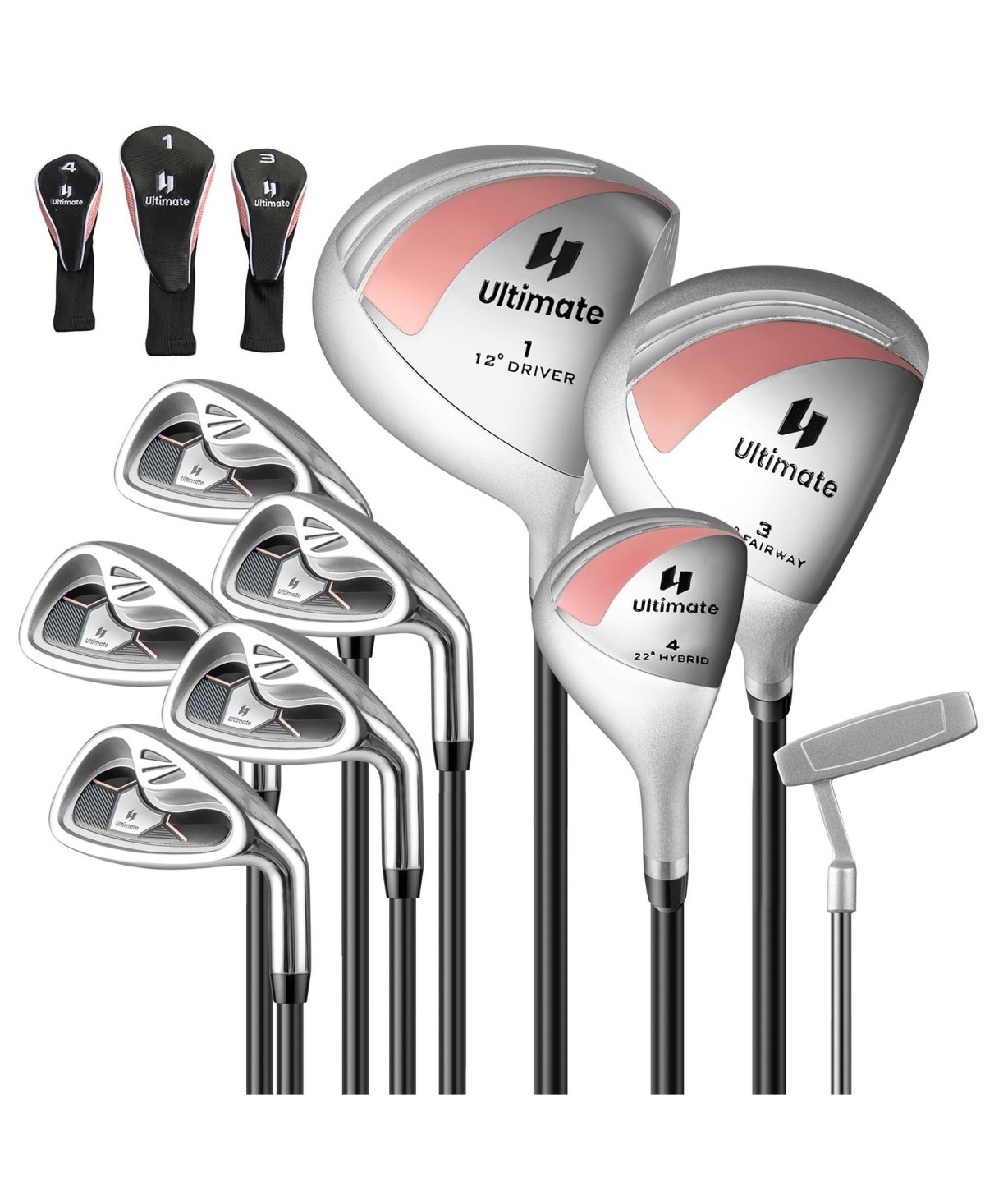 Women's 9 Pieces Complete Golf Club Set w/ 460cc Alloy Driver & Head Covers - Pink+silver