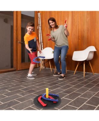Rubber Horseshoe Game Set, 4 Horseshoes (2 Red/2 Blue), 2 Rubber Mats with Posts, and 2 Plastic Stakes
