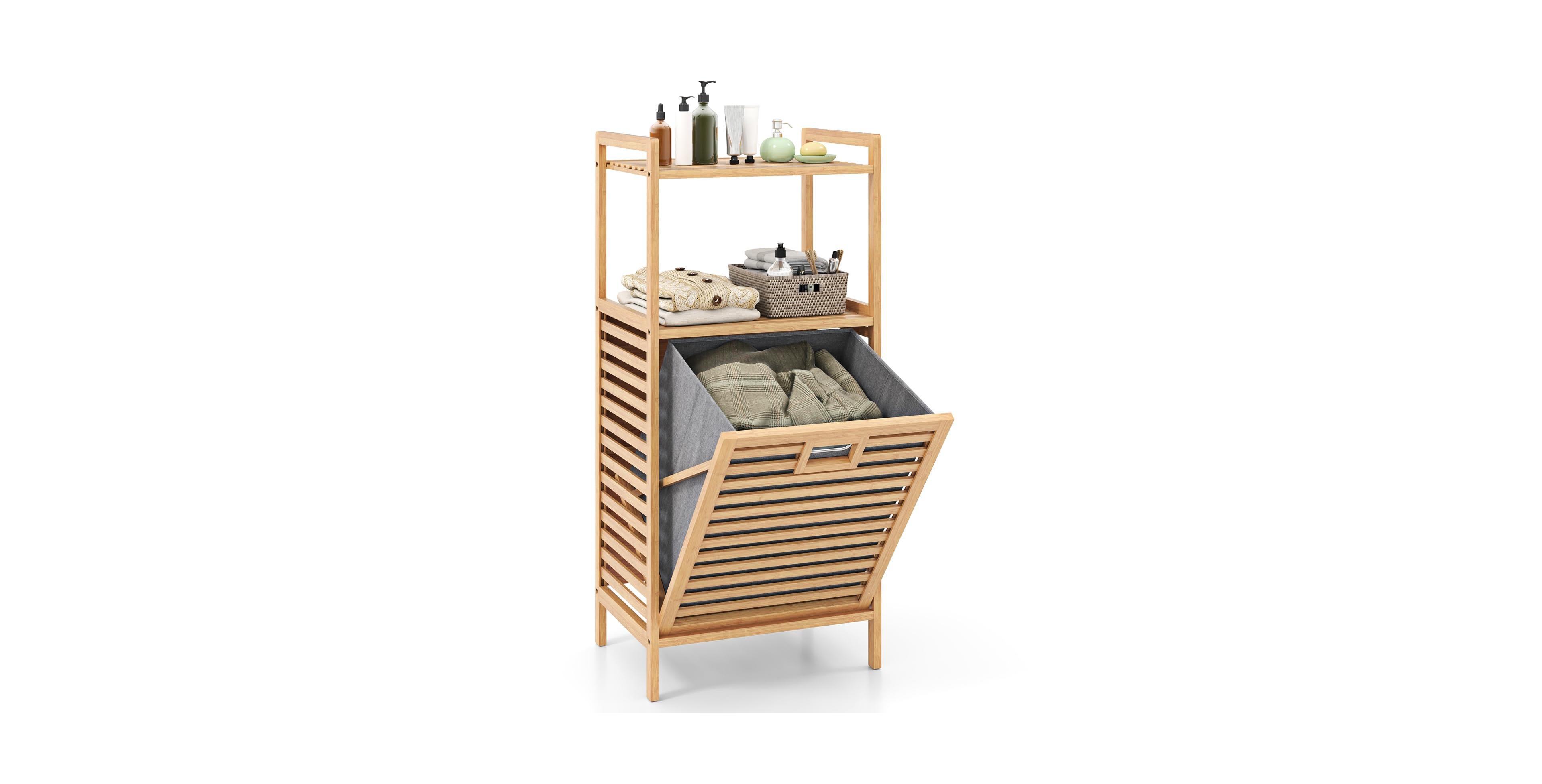 Volenca 2-Tier Bamboo Tilt out Laundry Hamper with Foldable and Removable Basket