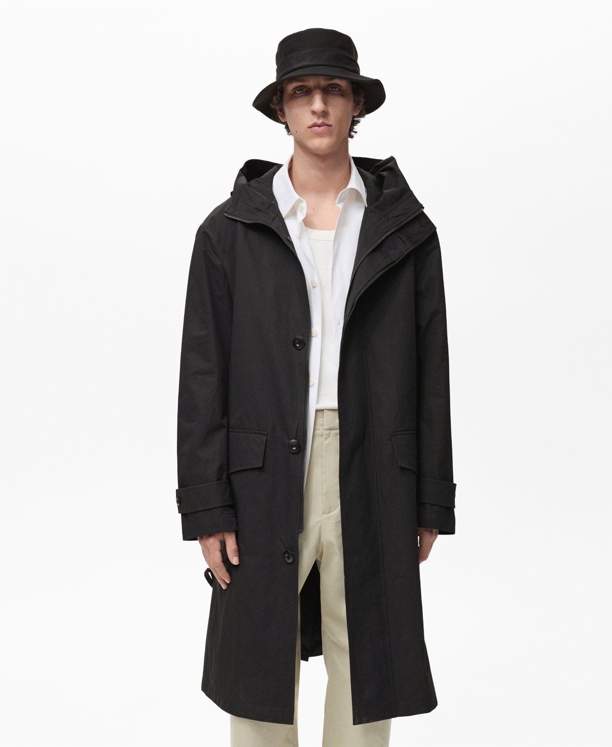 Men's Belt and Hood Trench Coat - Black