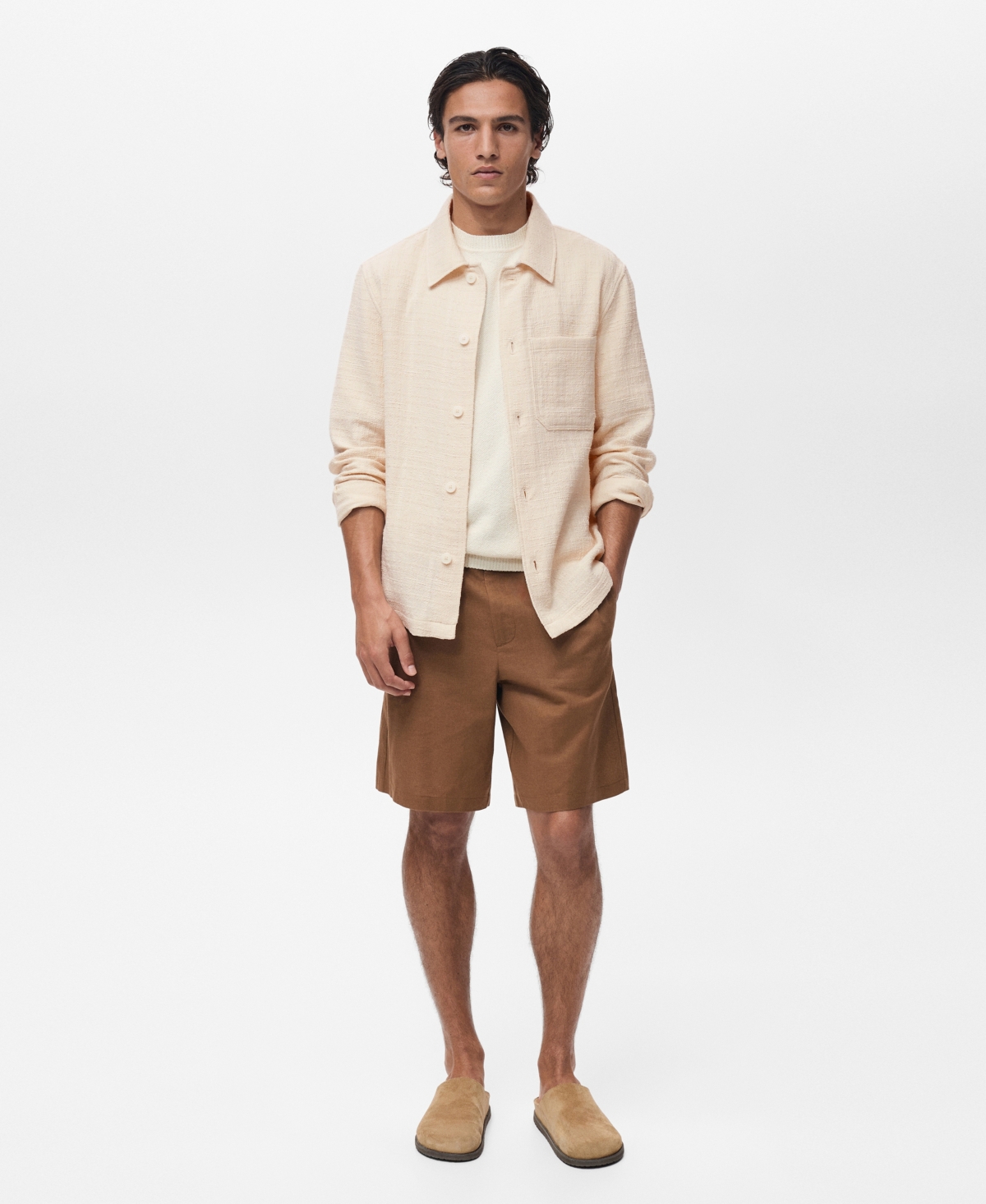 Mango Structured Cotton Blend Overshirt In Neutral