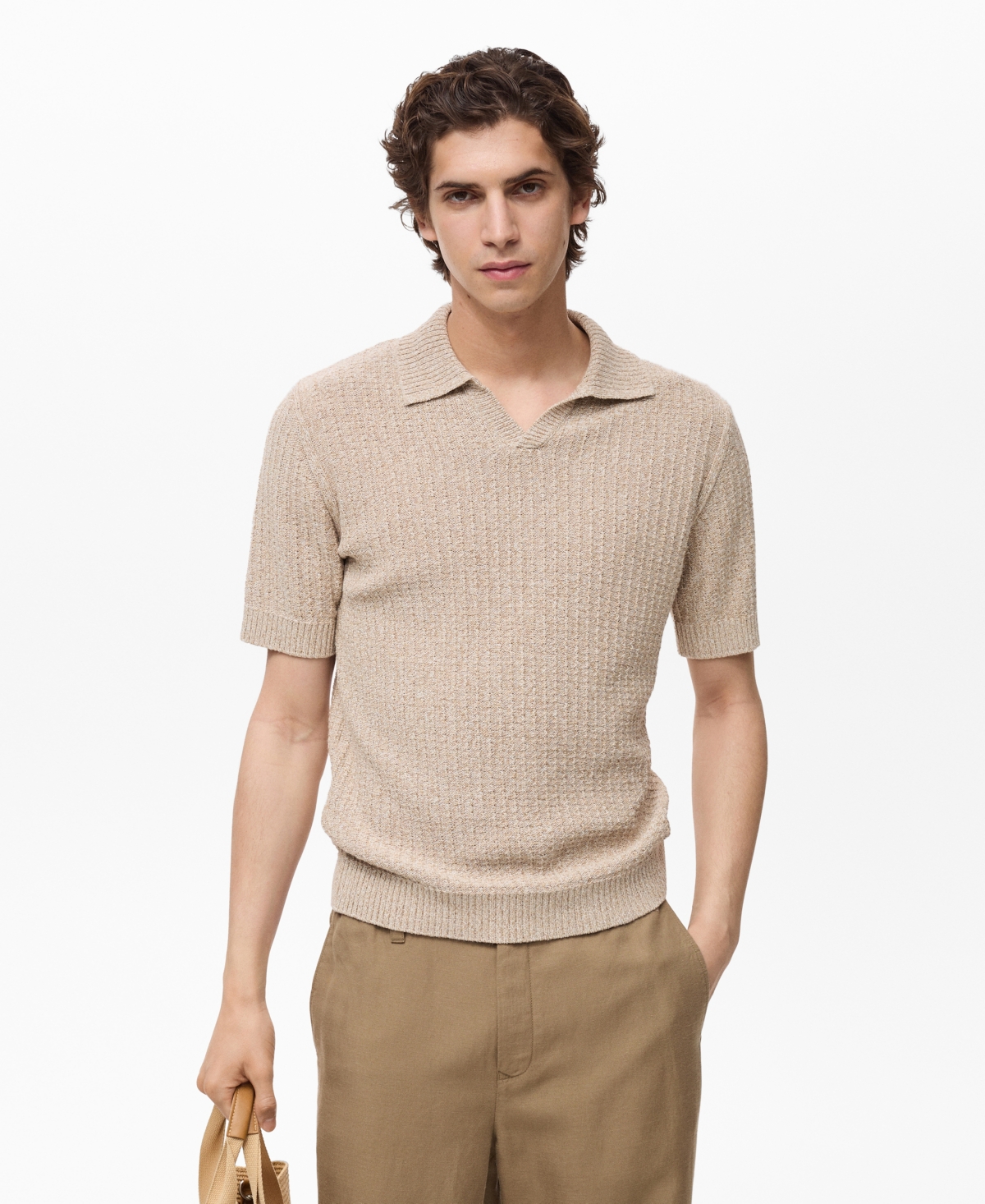 Men's Structured Knit Cotton Polo T-Shirt - Beige