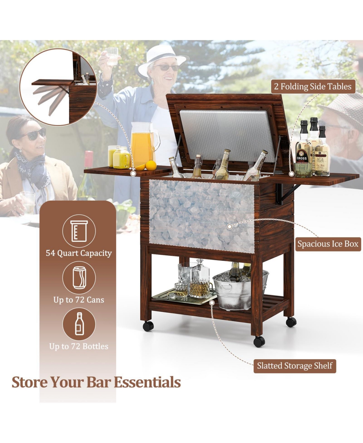 Mecale 54 Quart Wooden Cooler Cart for Patio Rolling Ice Chest with Shelves