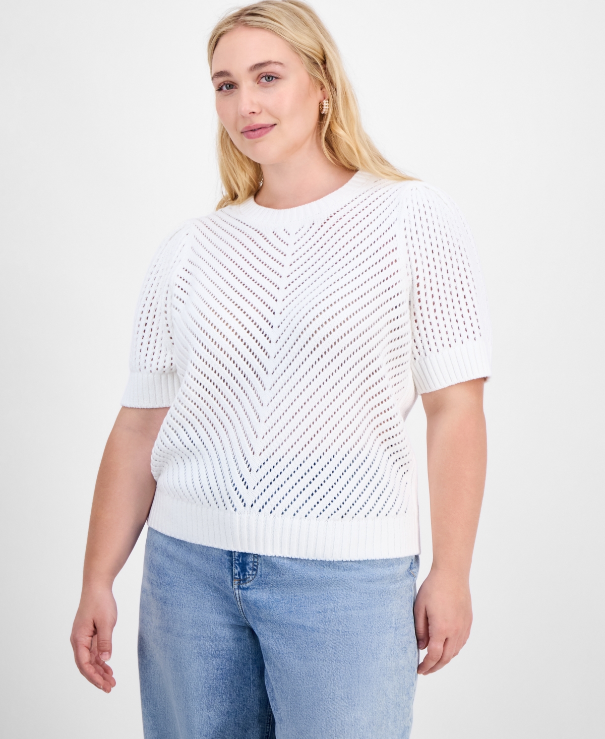 Trendy Plus Size Diagonal-Knit Puff-Sleeve Sweater, Exclusively at Macy's - Pale Spring