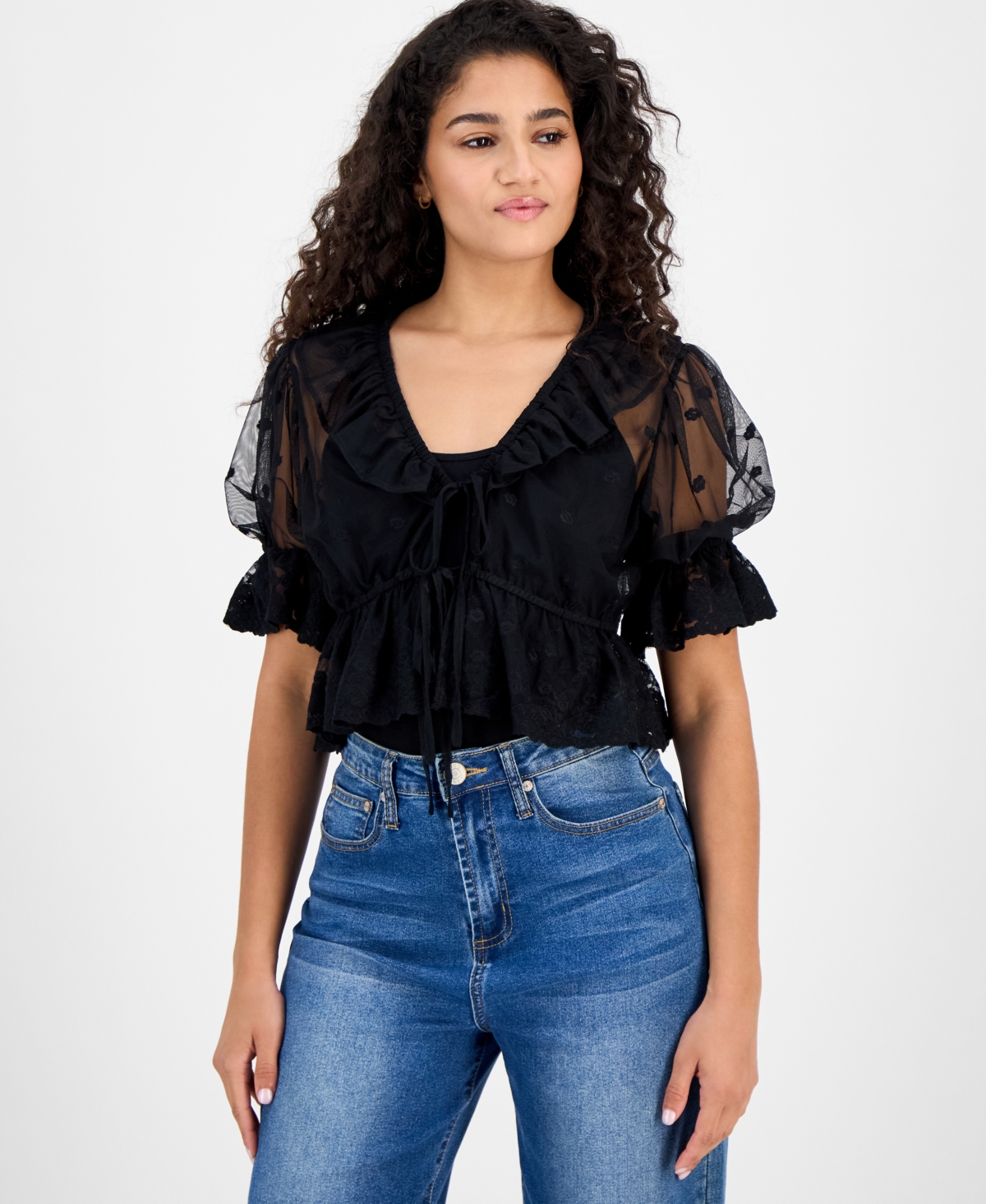 Women's V-Neck Ruffle-Trim Mesh Top, Exclusively at Macy's - Palomino