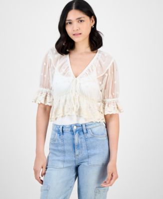 トップス me And Now This Women's V-Neck Ruffle-Trim Mesh Top