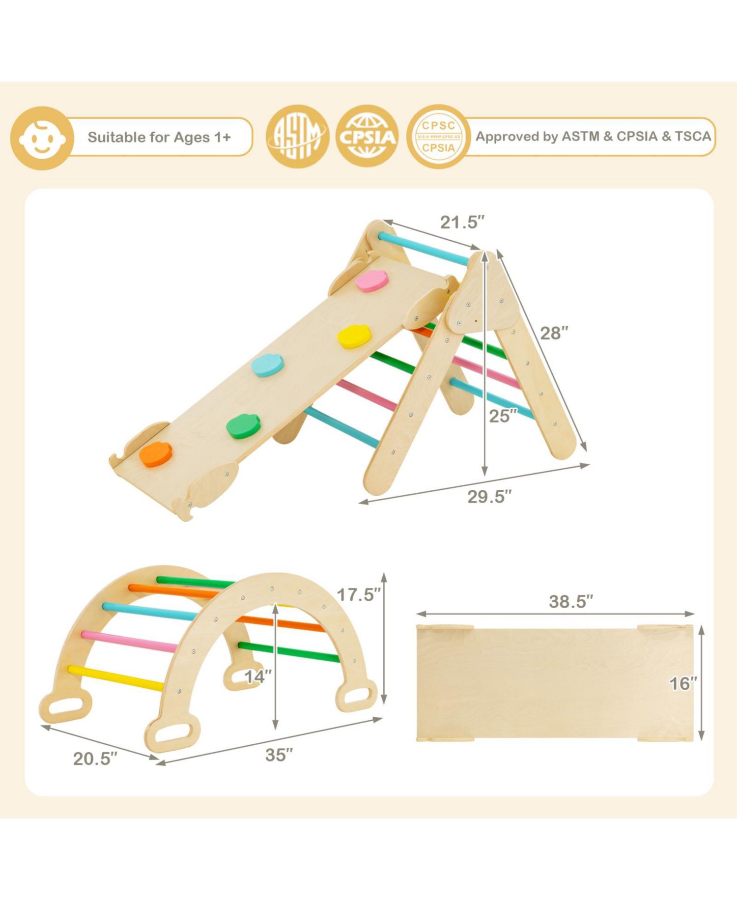 5-in-1 Wooden Triangle, Arch, and Ramp, 3-Piece Climbing Set