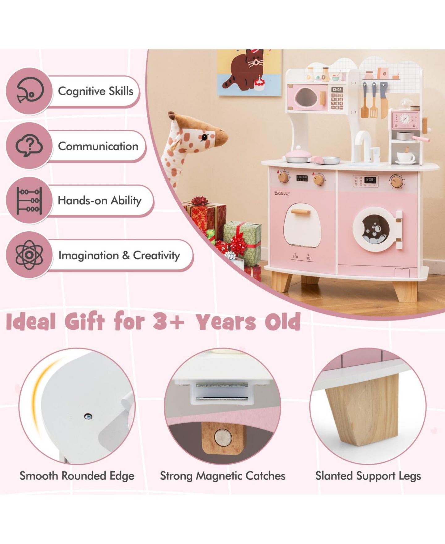 Детский игровой набор Mecale Wooden Coffee Maker Kitchen Playset, Ages 3+, цвет: Розовый — фото 7