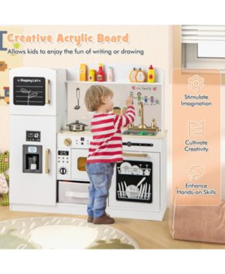 Wooden Kids Kitchen Playset with Chalkboard Ice Maker Sink Lighted Microwave