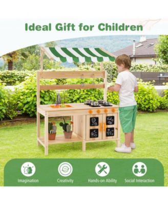 Mud Kitchen Fir Wood Play Kitchen with Canopy and Sink and 4 Stoves