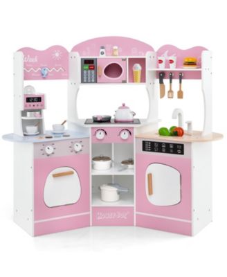 Corner Wooden Play Kitchen with Coffee Machine and Slide for Kids