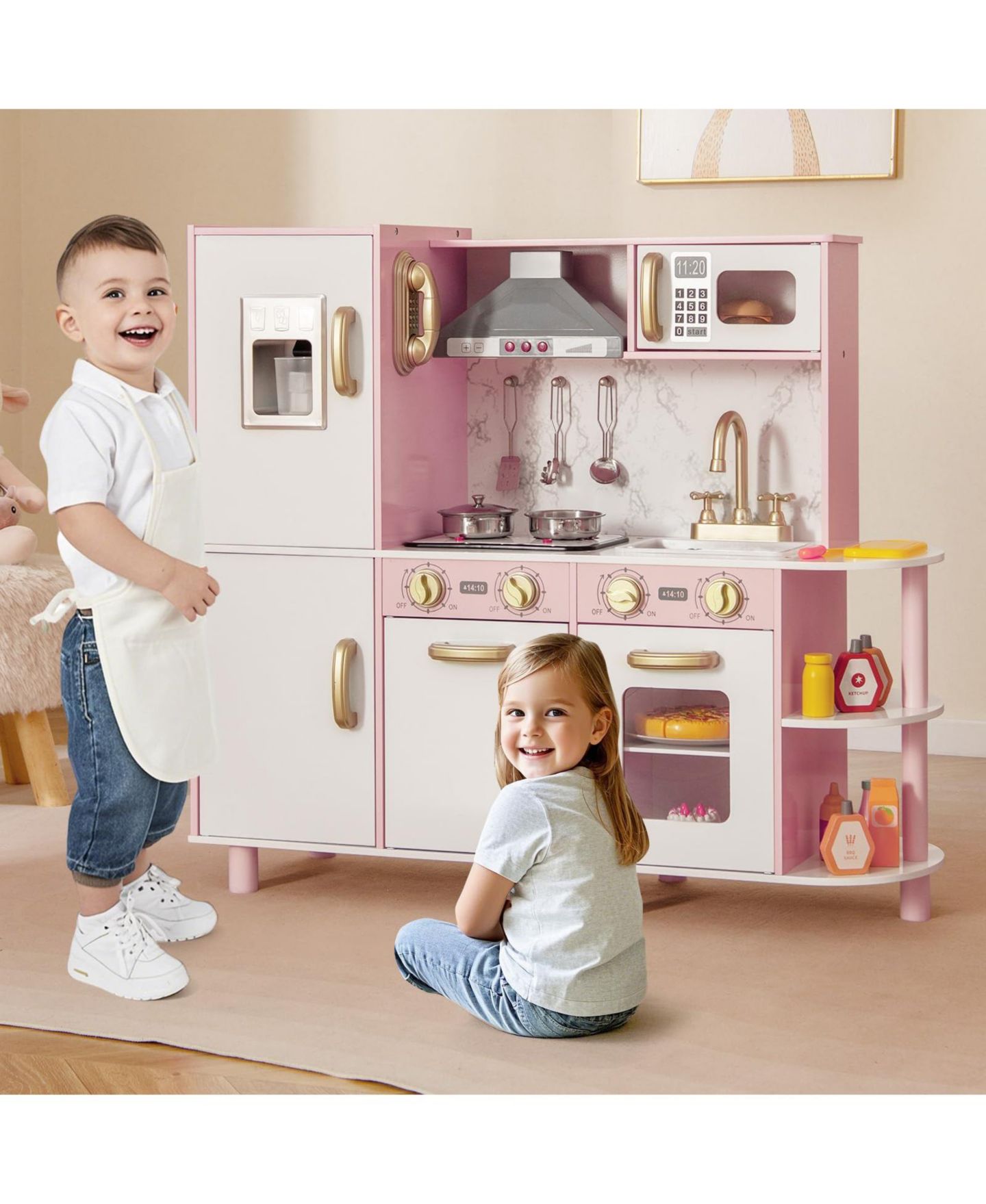 Детский игровой набор Mecale Wooden Kitchen Playset with Lights and Sounds, Ages 3+, цвет: Розовый — фото 2