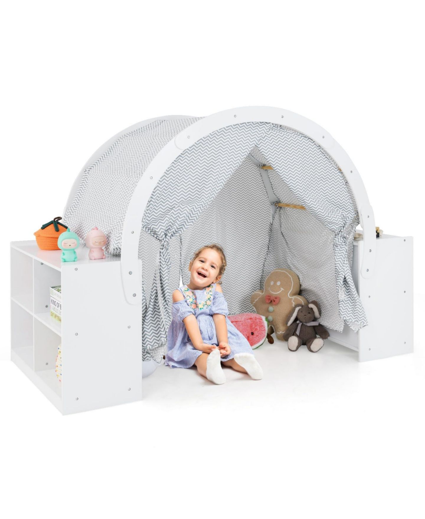 Детская игрушка Mecale Wooden 8-Cubby Storage Curtain-Shades Play Tent, Ages 3+, цвет: Белый — фото 1