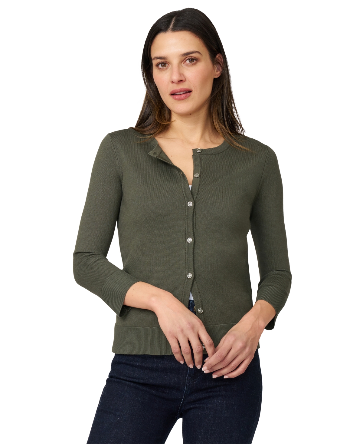 Women's Crewneck Button-Front Cardigan - Charcoal Grey