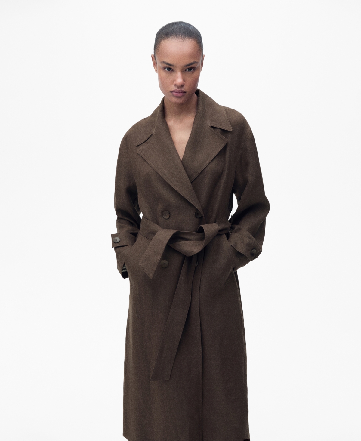 Women's Double Breasted Linen Trench Coat - Brown
