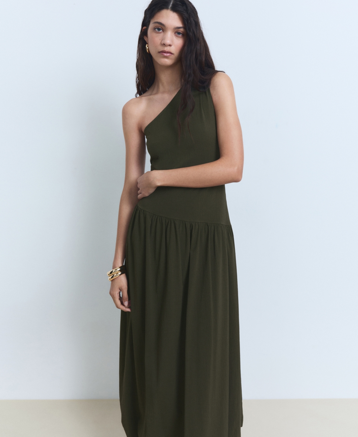 Mango One-shoulder Bubble Hem Midi Dress In Green