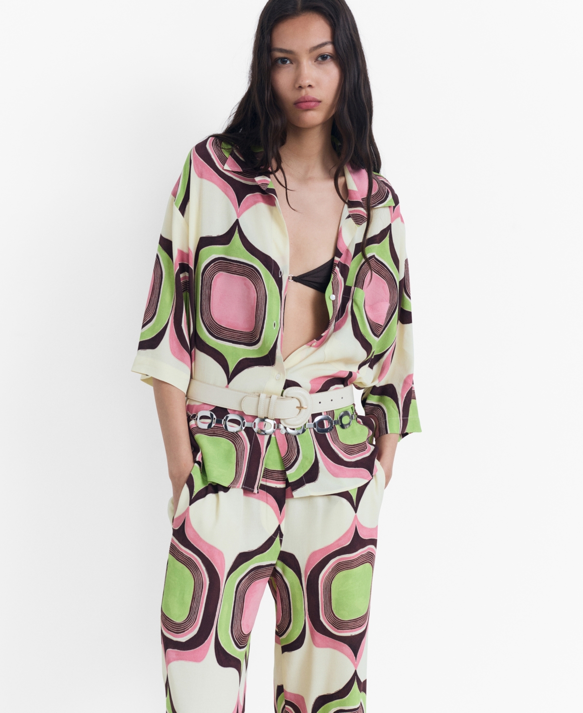 Women's Geometric Print Pants - Ecru