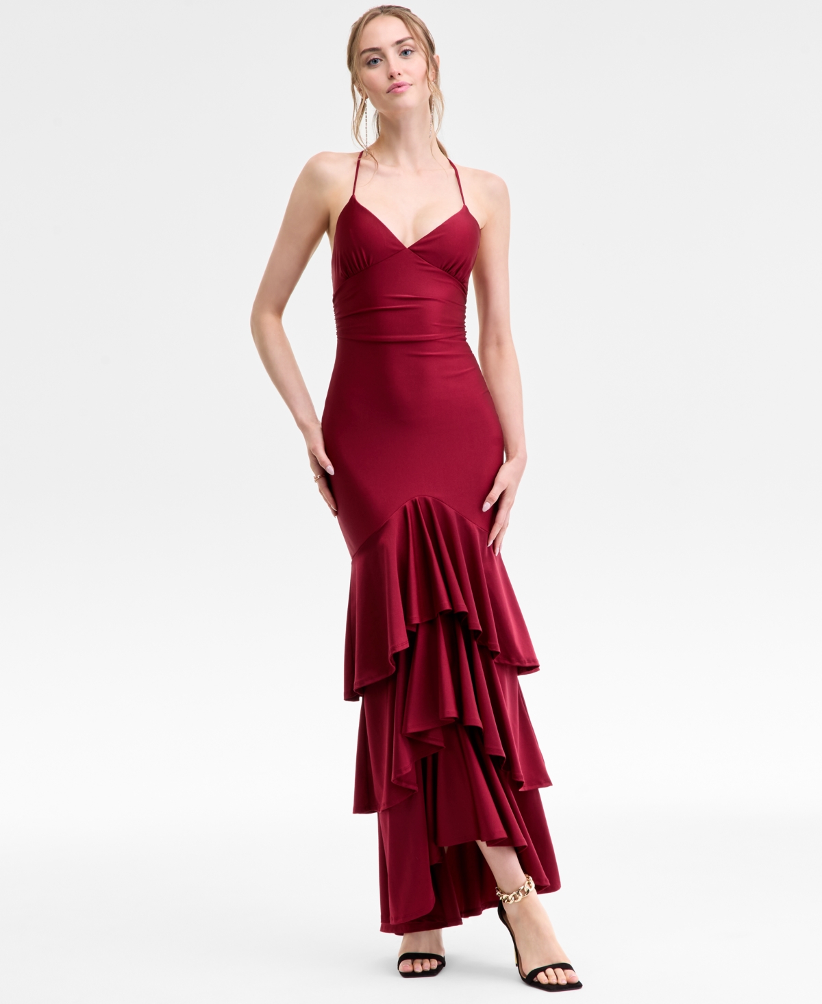 Katia Rae Juniors' V-neck Ruffled Tie-back Gown In Burgundy