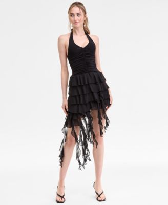 Emerald Sundae - Juniors' Asymmetric Ruffled Halter Bodycon Dress