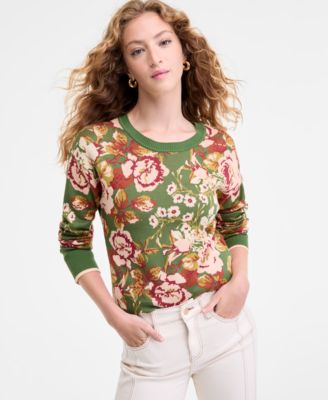 Liverpool Los Angeles Womens Printed Crewneck Long Sleeve Sweater Kennedy Mid Rise Crop Straight Jeans In White