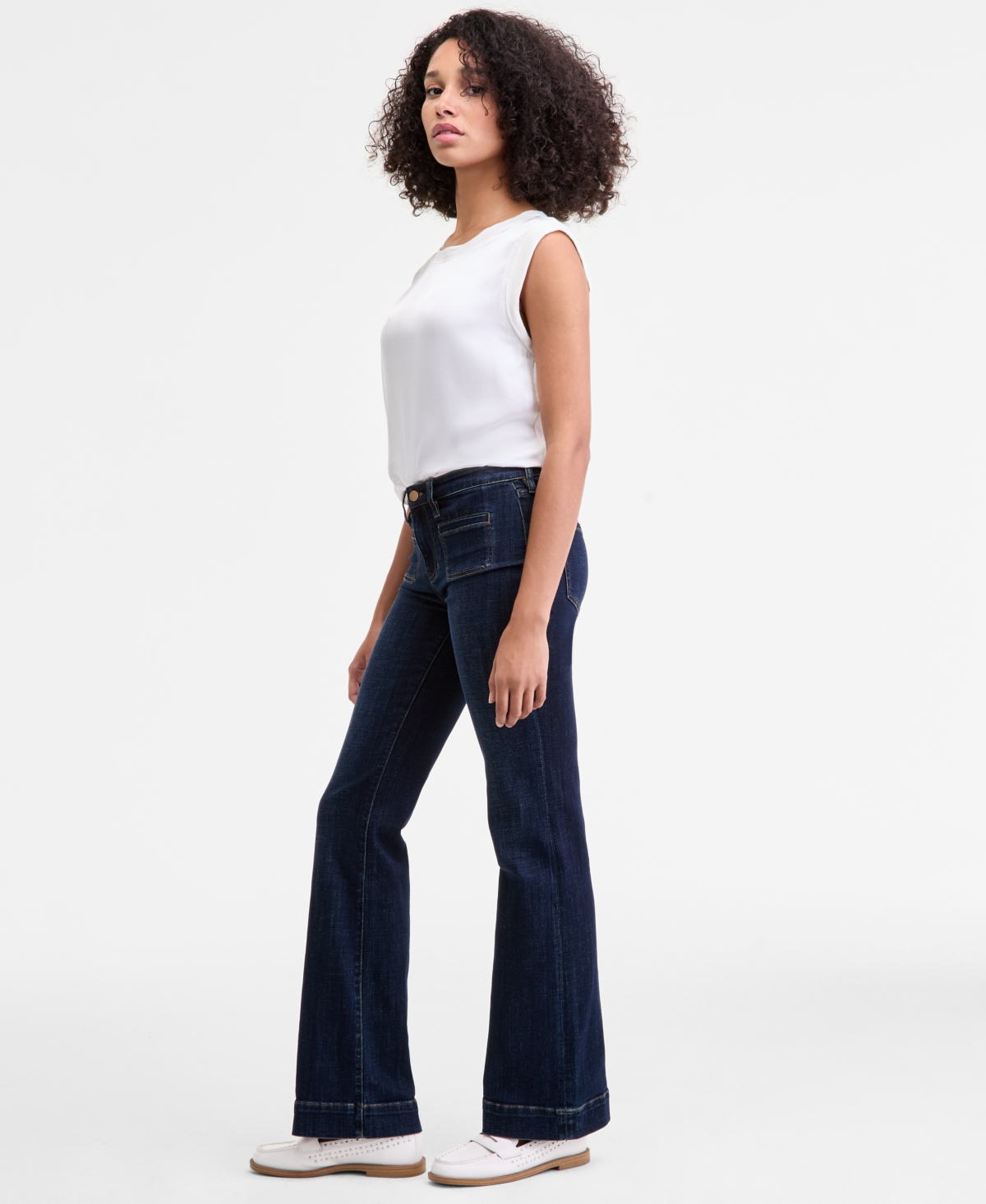 Liverpool Los Angeles Womens Collarless Fray Edge Jacket Sleeveless Woven To Knit Top Lucy Mid Rise Bootcut Jeans In Brown