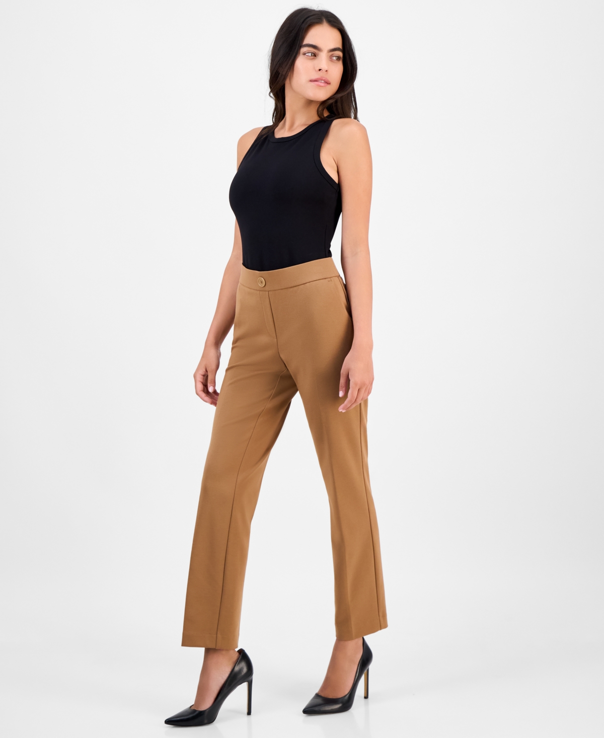 Ak Anne Klein Petite Mid-rise Straight-leg Ankle Pants In Brown