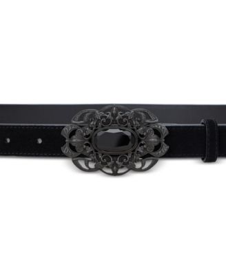 Stone-Buckle Suede Skinny Belt	