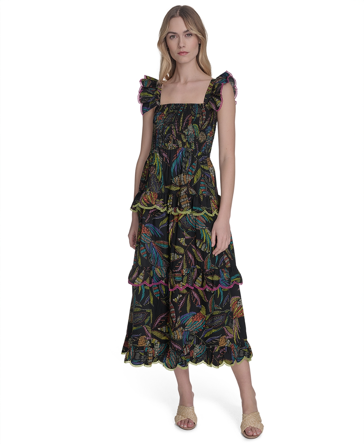 Vince Camuto Floral Ruffle Sleeve Cotton Midi Ssundress In Multi