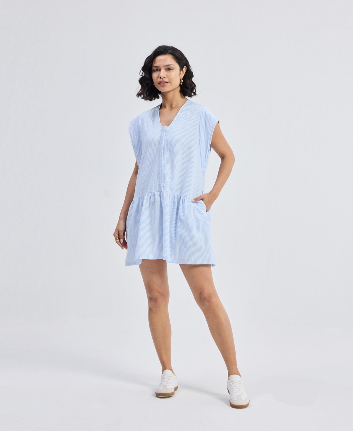 Women's Oversized V neck Short Dress with Frayed Sleeves - Linear rhythm