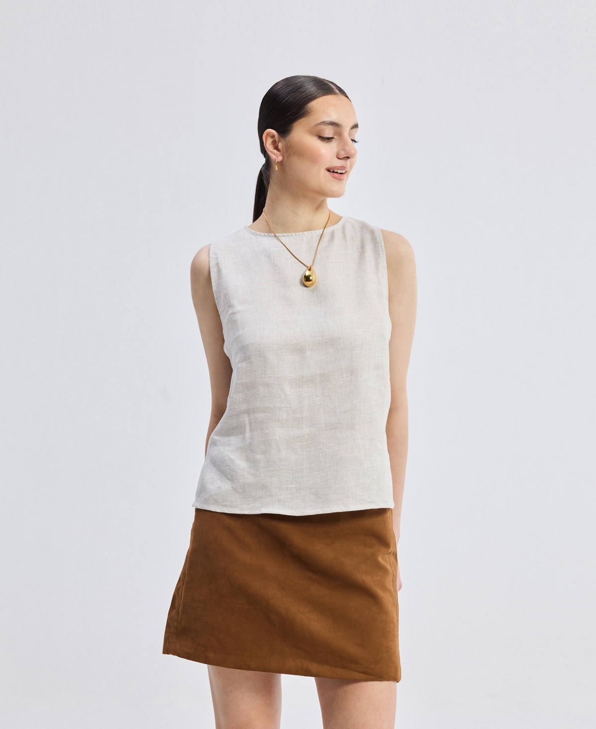 Women's Boat Neck Top in Checkered Linen - Linen check