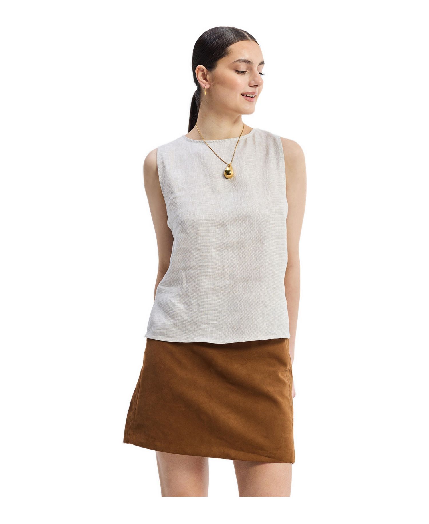 Women's Boat Neck Top in Checkered Linen