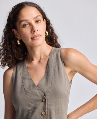 Straight Dress with Front Slit in Dark Green Hemp