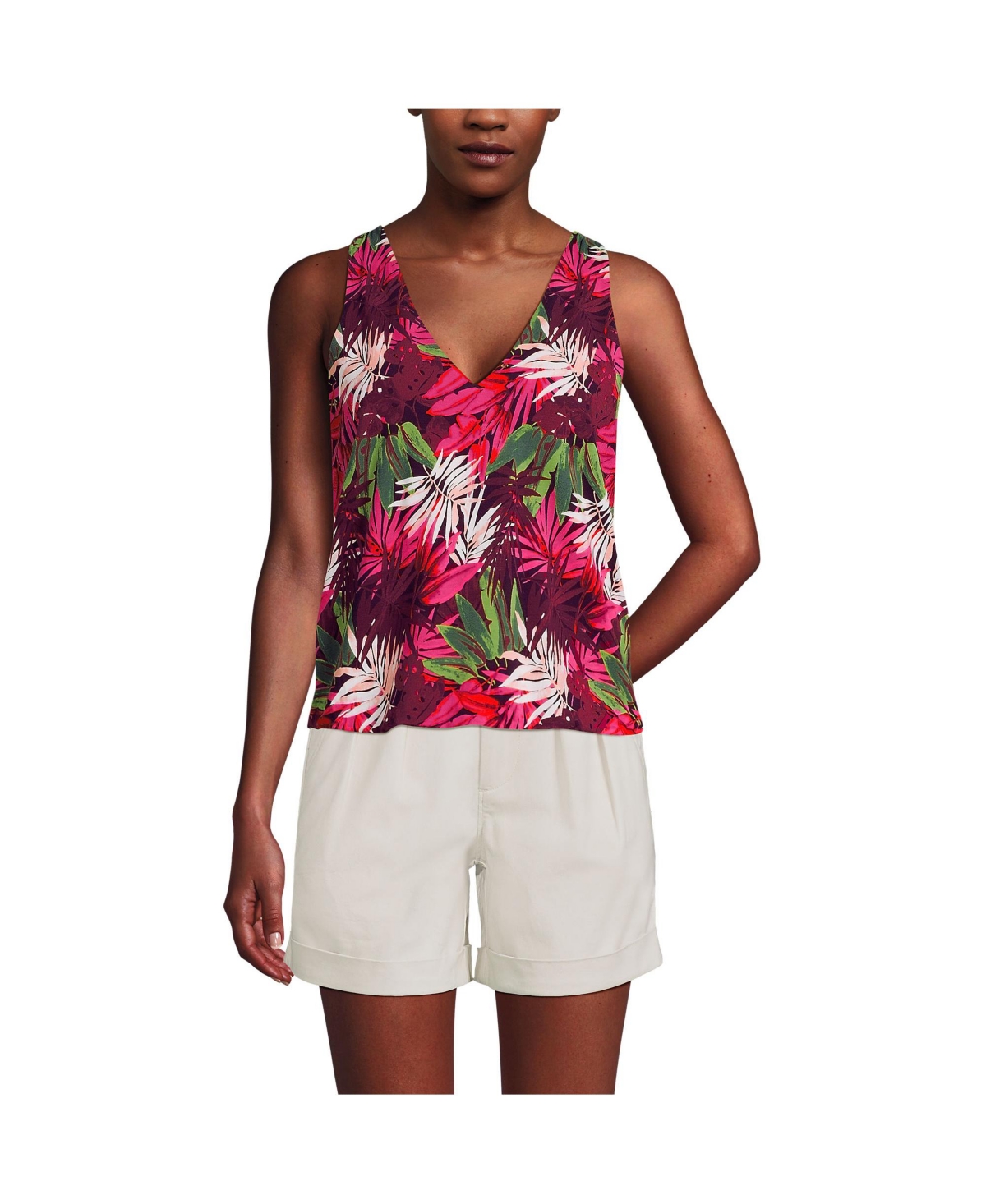 Women's Lightweight Jersey Blouson Vneck Tank - Bark/vanilla etched leaves