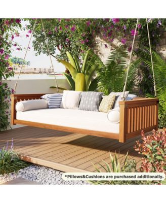 Patio Minimalist Twin Size Garden Swing Bed,Wood Porch Swing with Ropes