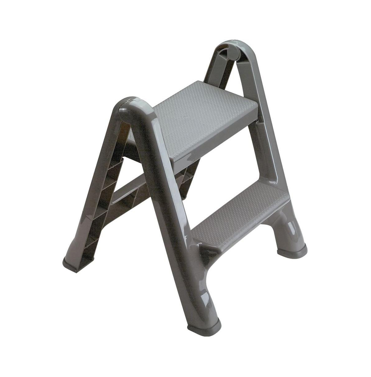 2 Step Slip Resistant Folding Plastic Stepstool with Foot Pads, Grey