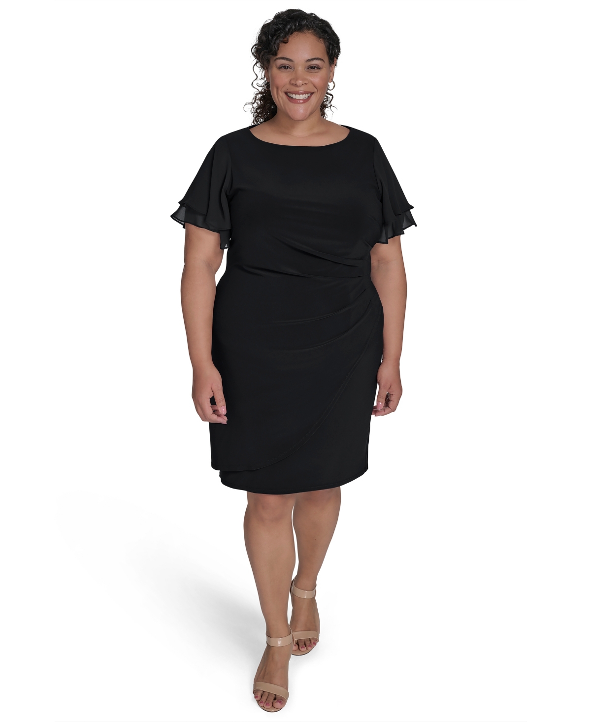 Plus Size Flutter-Sleeve Shirred Dress - Navy
