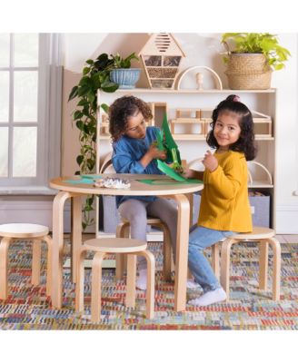 Kids' Nordic Table and Chairs Set - Natural: Wooden Round Classroom and Playroom Toddler Activity Table with 4 Stools