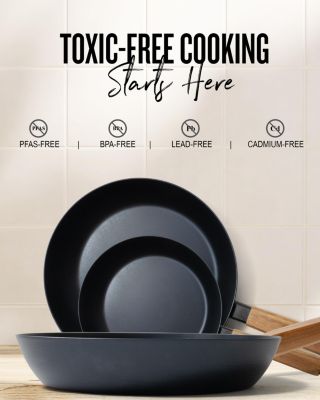 Forest Carbon Steel Frying Pan 2-Piece Set - Acacia Wood Handle, Pre-Seasoned & Made w/o PFAS, PFOA & PTFE - Induction & All Stovetop Compatible