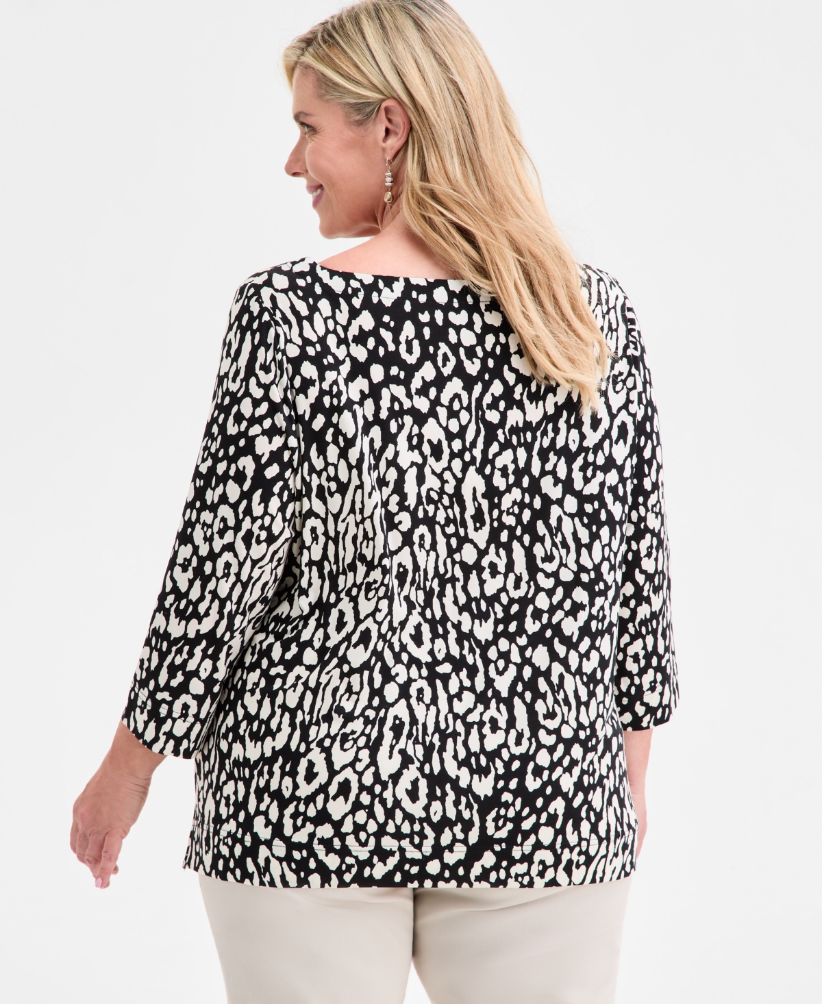 Jm Collection Plus Size Printed 3/4-sleeve Top, Macy's Exclusive In Black